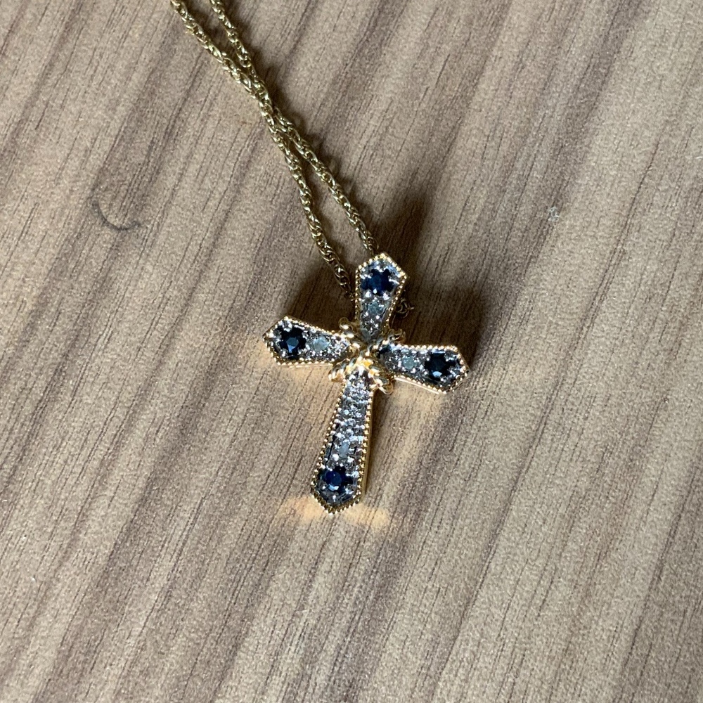 80’s Faux Gold/Blue Sapphire/Diamond Cross Pendant + 18” Gold Tone Necklace